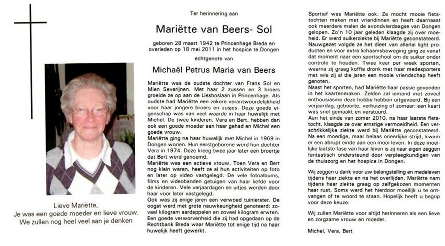 Bidprentje Mariette van Beers-Sol